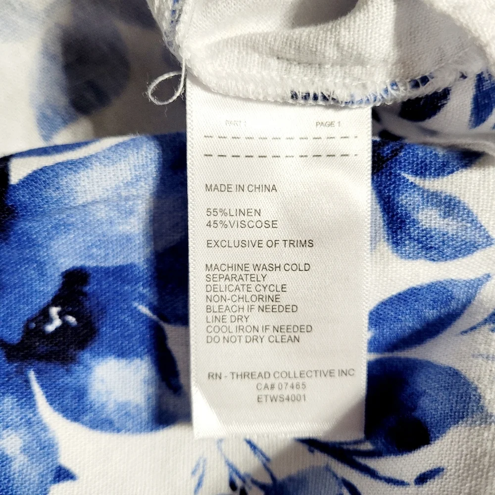 Ellen Tracy White Linen with Blue Floral Print Tie Front Blouse Women's (L) - Picture 9 of 12
